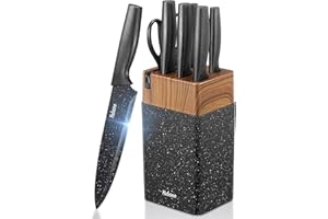 Knife Set, Yabano No Rust Kitchen Knives with PE Universal Knife Block 7 Pieces, High Grade Small Knife Block Set with Black Coating, Dishwasher Safe