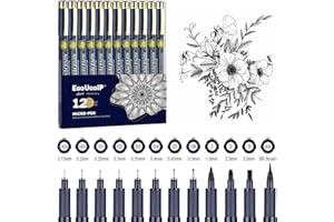 ‎EOOUOOIP EooUooIP Schwarz Fineliner Stifte, 12 Stück Fineliner Set Pigment Liner Set, 0.03-0.3mm Handlettering Stifte Zum Künstler Illustration, Skizzen, Technisches Zeichnen, Office Dokumente, Malbuch Comics
