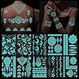 Luminous Mandala Flower Temporary Tattoo Stickers, Blue Glow Tattoos Sticker in the Dark for Woman Girls Hand Arm Body Art, 10 Sheets Fake Tattoos Neon Body Face Skin Tattoo