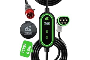 EVPLUG® Chargeur de Voiture électrique 11 KW 6-16 A 6,5 mètres, Chargeur EV Type 2 avec Prise CEE triphasée, Chargeur de Voiture électrique Portable avec Affichage Numérique Contrôlable
