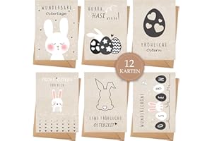 Goldziples 12 Osterkarten mit Umschlag Set - Hochwertiges Klappkarten mit niedlichem Hasen - A6 Frohe Ostern Set mit Sprüche - Grüße an die Familie - zum Schreiben und Drucken
