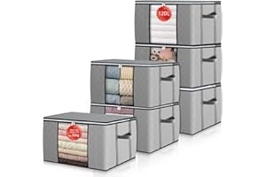 GoMaihe 6 Toreb do Przechowywania Kołder, Odzieży, Koców, 120 L, Wzmocnione Uchwyty, Łatwe Przenoszenie, Pudełka do Przeprowadzki, Przechowywania Pod Łóżkiem, Z Pokrywką