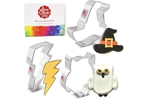 ANN CLARK COOKIE CUTTERS Juego de 3 cortadores de galletas de brujería y magia, fabricados en los Estados Unidos por Ann Clark, sombrero de bruja, búho lindo, rayo