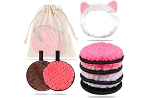 6 Pcs Coton Demaquillant Lavable, Lingettes Démaquillage Réutilisable Disque Demaquillant Lavable avec Bandeau de Cheveux Maquillage et sac à linge lavable pour Lavage du Visage, Soins de la Peau