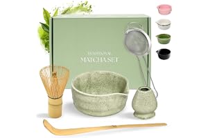 Comforder Matcha Set, Keramikskål, Bambuvisp, Sked och Sil (Grön) | Japanskt teset för matcha latte och teceremoni, keramikskål, bambuvisp med hållare, sked och sil
