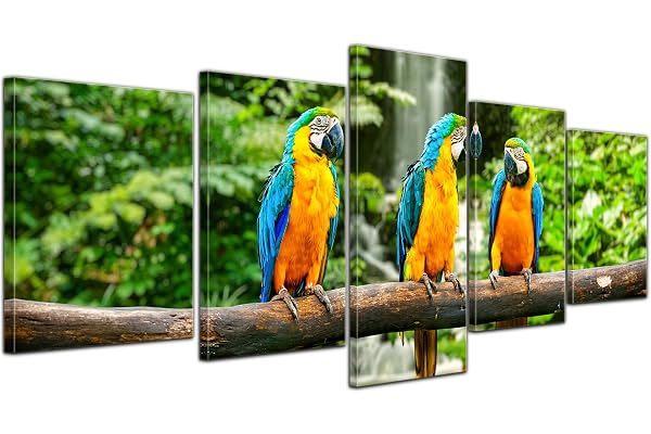 Bilderdepot24 Impression d'art - Perroquet bleu-jaune - Image sur toile - 200x80 cm 5 pcs - Toile photos - Murale de Faune - Amérique du Sud - Ara - Ara bleu - tropique