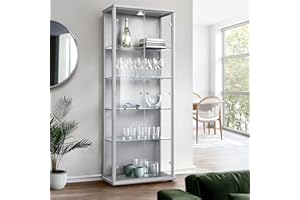 K-Möbel Vitrina Salon Cristal 2 Puertas (176x67x33cm) - Fabricado en Alemania - Vitrina expositora para Colecciones Plata/Aluminio con 4 estantes de Vidrio Ajustables y LED- Armario bajo Puertas