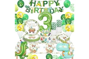 TERLUNNSI Dino Geburtstag Deko 3 Jahre, Dinosaurier Partygeschirr Set, Geburtstagsdeko 3 Jahre Junge, Dinosaurier Luftballons Pappteller Tassen Servietten Tischdecke für Party Kindergeburtstag Deko 16 Gäste