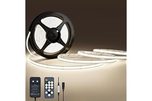 NELUX Ruban LED COB, Bande LED 5m Blanc, Bandeau LED Cuisine Decoration Chambre TV, Strip Light 24V, Lumiere Dimmable, Autocollante, Interieur, 480LED/m, 4000K. Comprend Télécommande et Alimentation