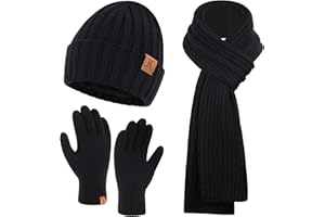 ZASFOU Ensemble Bonnet d'hiver pour Homme, Écharpe Longue, Gants Tactiles avec Bonnet Doublé Polaire Chaude, Cadeau pour Hommes
