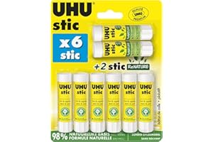 UHU Stic - Bâtons de colle sans solvants, blanche, lot 6 stics de 8,2g + 2 stics Renature de 8,2g