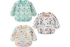 Yealoo 3 PCS Bavoirs Manches Longues Etanche Tablier d'Alimentation Enfant 0-2 Ans