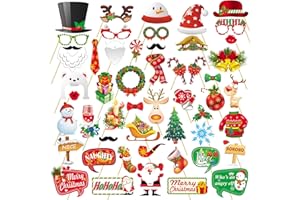 SUNY SMILING 52PCS Christmas Photo Booth Props Kit Xmas Selfie Props with Santa Hat Elf Antler for Party Decorations Photography Supplies
