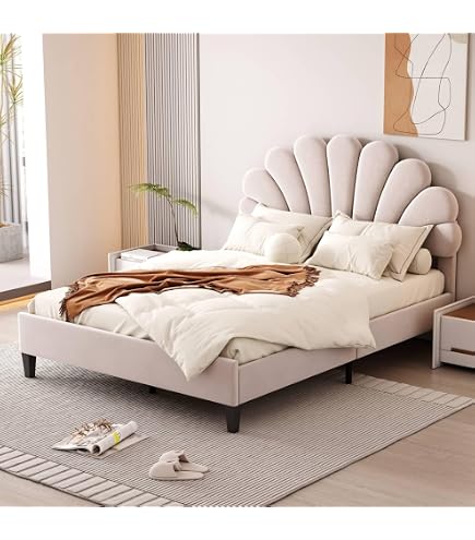 Lit Plateforme Avec Tête De Lit Rembourrée KOMHTOM - 140x190cm - Sherpa Beige - Sommier Lattes Bois