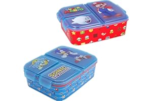 GERILEO Pack de 2 Sandwicheras Infantiles de Sonic y Super Mario - Niños y Niñas - Diseño Práctico y Divertido, Tapa Hermética, 3 Compartimentos - Almuerzos Saludables - Libre de BPA (Sonic + Super Mario)