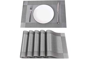 HONGP Place mats set of 6,Table Mats Non-slip Heat Resistant Dining Kitchen Table Mats Washable Crossweave Woven Vinyl table mats set of 6 (11.8 in x 17.7 in)(Silver)