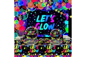 XJLANTTE 184 Pieces Glow Neon Party Supplies - Neon Balloons, Glow in the Dark LET'S GLOW Backdrop Banner, Garlands, Tablecloth, Plates, Napkins, and Cup for Blacklight Party Decorations, Serve 20 Guests
