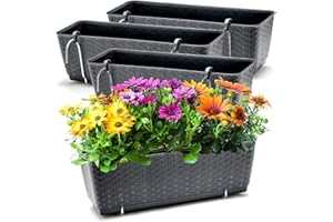 ‎BIGDEAN BigDean 4er Set Blumenkästen für Balkon-Geländer - Rattan-Optik - Anthrazit - Balkonkästen mit Metall-Halterungen - 49 x 17 x 17 cm - inkl. Bewässerungssystem