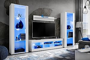 ‎KOMODEE Komodee Wohnwand Wohnzimmerset Tivoli Grande, Weiß/Weiß, Breite 250cm x Höhe 159cm x Tiefe 35cm, LED Blau, für Wohnzimmer, Schlafzimmer