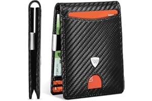 WONSEFOO Geldbörse Herren Slim RFID-Blockierung Kohlefaserleder Portmonee mit 12 Kreditkartenfächern, Geldscheinklammer, minimalistischer Bi-Fold Geldbörse mit Geschenkbox - Schwarz
