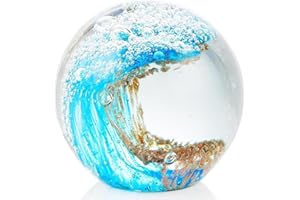 MOVDYKA Hand Blown 3.1" Crystal Waves Ball Sea Glass Art Gifts for Women Men Ocean Figurines Decor Paperweight Coastal Decor for Home Aquarium Sphere Ornaments (Blue with Gold)