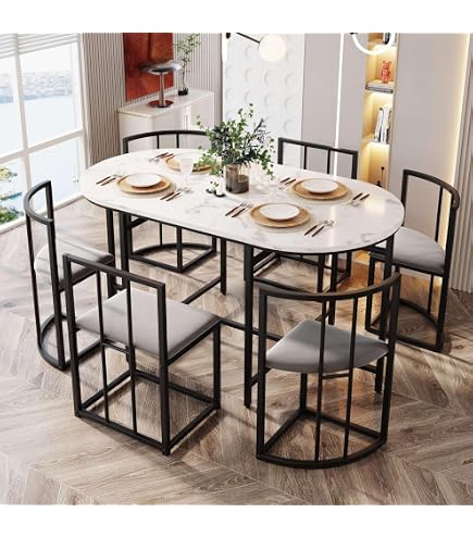 Ensemble Table à Manger 6 Personnes Avec Chaises - Design Moderne Marbre Et Métal Doré - 140x70cm - 8