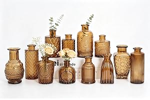 12 stycken, små glasvaser, vintagestil med strukturellt mönster, för blommor och heminredning (bärnsten, 12 stycken)