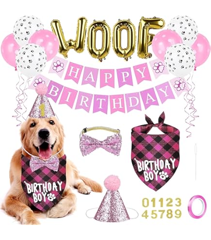 Kit Decorazioni Compleanno Cane - Bandana, Cappello, Palloncini E Striscione Rosa Per Feste - Foto 11
