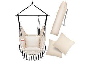 KESSER® Silla Colgante con 2 Cojines, portabebidas y Compartimento para Libros, Silla Colgante Safari XXL para Adultos y niños, Hamaca de hasta 150 kg, para Interior y Exterior, jardín, Beige