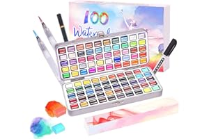 LYUVIE Aquarelle Peinture,100 Couleurs Peinture Aquarelle Palette Dans Une Boîte en Métal, Aquarelle Metallique Fluorescentes Portable Non-toxique pour Enfants Artistes Débutants Pâques