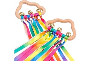 PETARMS 2PCS Sensory Wooden Ring Baby Toys - Babies Rainbow Ribbon Rattle Toy Educational Toddler Play Toy with Bells Newborn Toys Gifts for Toddles Infant 0 3 6 9 12 Months