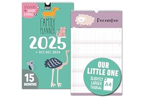 SPIELEFABRIK OUR LITTE ONE: Family calendar 2025 5 columns, KIDS family planner 2025, wall calendar compact 19,5x32,5cm, planner for family 2025, wall planner with sticker: waste, holiday, birthday