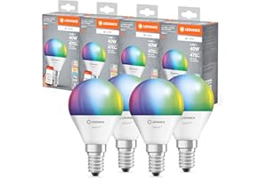 LEDVANCE Lampa LED SMART+ MATTER, kompatybilna z Google, Alexa, Apple, biała matowa, 4,9 W, 470 lm, trzonek E14, światło kolorowe i białe, sterowanie aplikacją lub głosem, 20 000 godzin,pakiet 4