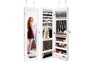 Ezigoo Mirror Jewelry Cabinet with Insided Light, Wall Mounted&Door Hanging Mirror with Storage, White Full Length Mirror with Storage(15" Wx46.6 H)