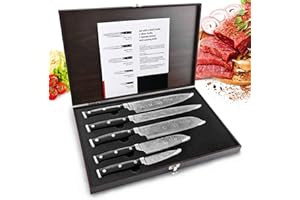 HUIKAILI Kitchen Knife Set, 5 Pieces Professional Chef Knives Sets with Box, Stainless Steel Finish Blades Resembling Damascus Patterns, Includes Chef, Paring, Utility, Slicing, 2 Sankotu