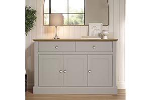 Galano Surrey 3 Door 2 Drawer Sideboard – Freestanding Storage Cabinet with Drawers and Cupboards for Living Room, Hallway, Entryway, or Kitchen – Grey/Oak