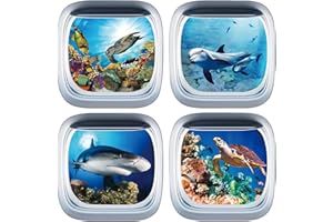TOARTi 3D Sea Life Ocean Wall Stickers for Kids Bedrooms,Marine Fake Submarine Window Wall Decal for Nursery,Fish Shark Dolphin Turtle 3D Sticker for Bathroom Wall Art Decor,Set of 4 Pieces