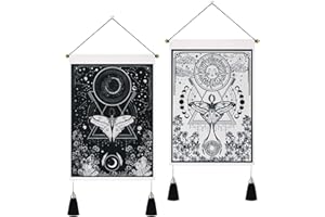 Yugarlibi 2 tapices pequeños para colgar en la pared, luna y sol, mariposa, polilla, tarot, con borlas, jardín misterioso, flores, tapiz para dormitorio, salón, blanco y negro, 35 x 50 cm