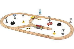 KidKraft Disney Pixar Cars 3 drewniany tor samochodowy dla dzieci, zestaw kolejowy z pojazdem Lightning McQueen i akcesoriami, zabawka dla dzieci w wieku 3+ lat, 17213