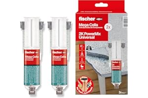 Fischer 2 Pz Mega Colla Epossidica Bicomponente PowerMix NTJH, Presa Rapida, Adesivo Trasparente per Incollare Metallo, Legno, Plastica, Vetro, Ceramica, 2 x 25 ml