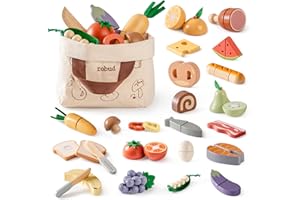 ROBUD Spielküche Zubehör Holz, Schneiden Spielzeug-Lebensmittel 4-in-1 Set Obst Gemüse Fleisch Backen Lebensmittel für Kinderküche mit Aufbewahrungstasche, Mädchen Junge Geschenk ab 3 Jahren