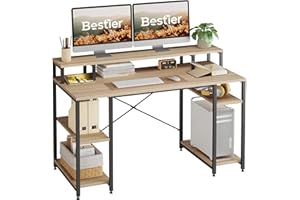 Bestier 140CM Computer Desk with Monitor Shelf Gaming Desk with Shelves Writing Desk with Storage Ideal Office Desk &Workstation for Small Space (Oak)
