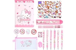 AINVLIYA Kity Ensemble de papeterie Kawaii avec stylos, autocollants, trousse à crayons, badge pour carnet de notes, cadeau de rentrée scolaire pour enfants, étudiants, fournitures de bureau (rose 2)