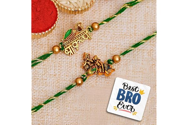 eCraftIndia Set of 2 Green & Golden Shri Krishna and Radha Krishna Playing Flute Designer Religious Rakhis, Best Bro Ever Fri
