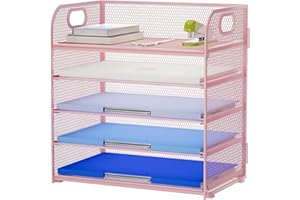Marbrasse Organisateur de Bureau,5 Niveaux de Bacs à Papier avec Poignée, Bacs en Filet pour Bureau, Maison, Dossier A4, Rangement de Documents Accessoires (Rose)