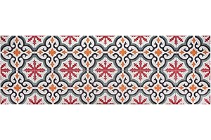 Baroni Home Tappeto Cucina Antiscivolo in Vinile, Passatoia Lavabile Resistente Maioliche Rosso e Verde, 180x60 cm