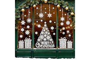 HRETVOI 129 Piezas Pegatinas Navidad Ventanas Cristal Grandes, Blanco Vinilos Navidad Escaparate Reutilizable, Adornos de Navideñas para Ventanas con árbol de Navidad y Regalos, Adhesivos Navideñas Decoracion