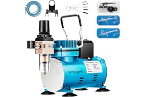 VIVOHOME Kit Aérographe avec Compresseur d'air professionnel 1/5 CV et 3 Pistolets Double Action Alimentation par Gravité et Siphon Silencieux avec Support Brosse