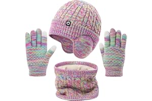 Cheerful Mario 4-10 Jahre Wintermütze Mädchen Mütze Schal Handschuh-Sets Warme Fleece Gefüttertes Beanie Hut mit Ohrenklappen Screen Touch Handschuh
