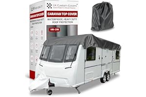 UK Custom Covers Caravan Roof Cover - Heavy-Duty Waterproof UV-Resistant 150D Breathable Roof Protector with Adjustable Straps, Hooks & Storage Bag for All-Weather Use (19–21ft, Dark Grey)